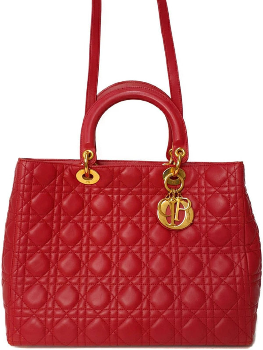 Christian Dior red quilted lambskin leather Lady Dior East West tote bag